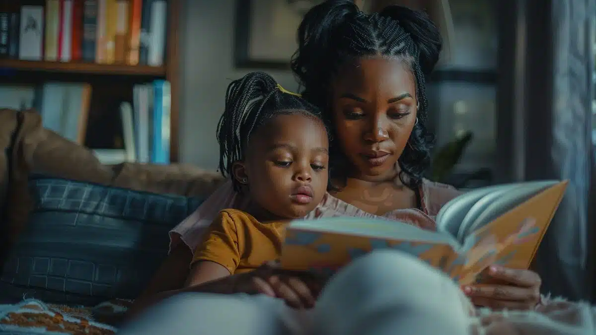 Actress reading a storybook about social justice to her daughter.