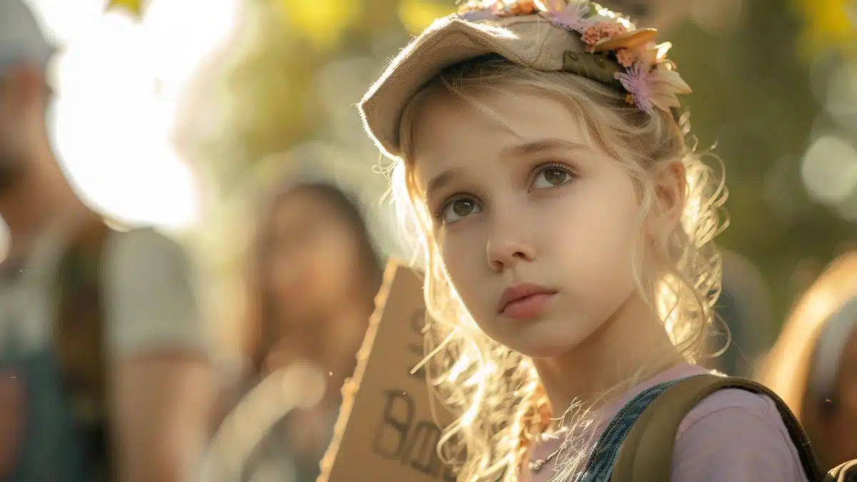 Family photo of young Scarlett Johansson holding a placard at a local community rally.