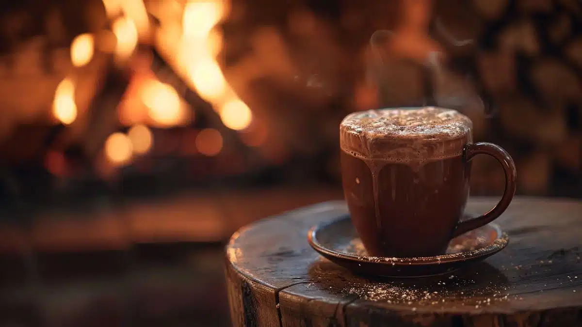 Hot chocolate on a wooden table next to a glowing fire.