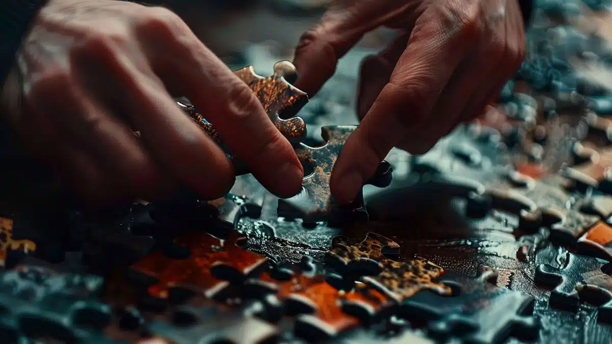 Closeup of hands assembling pieces of a complex puzzle, teamwork in action.