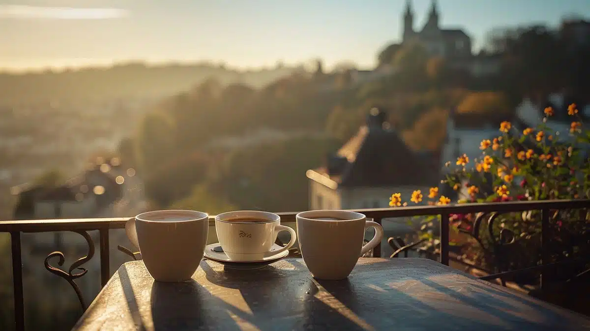 Morning coffee on the chalet's balcony overlooking Fourvière basilica.