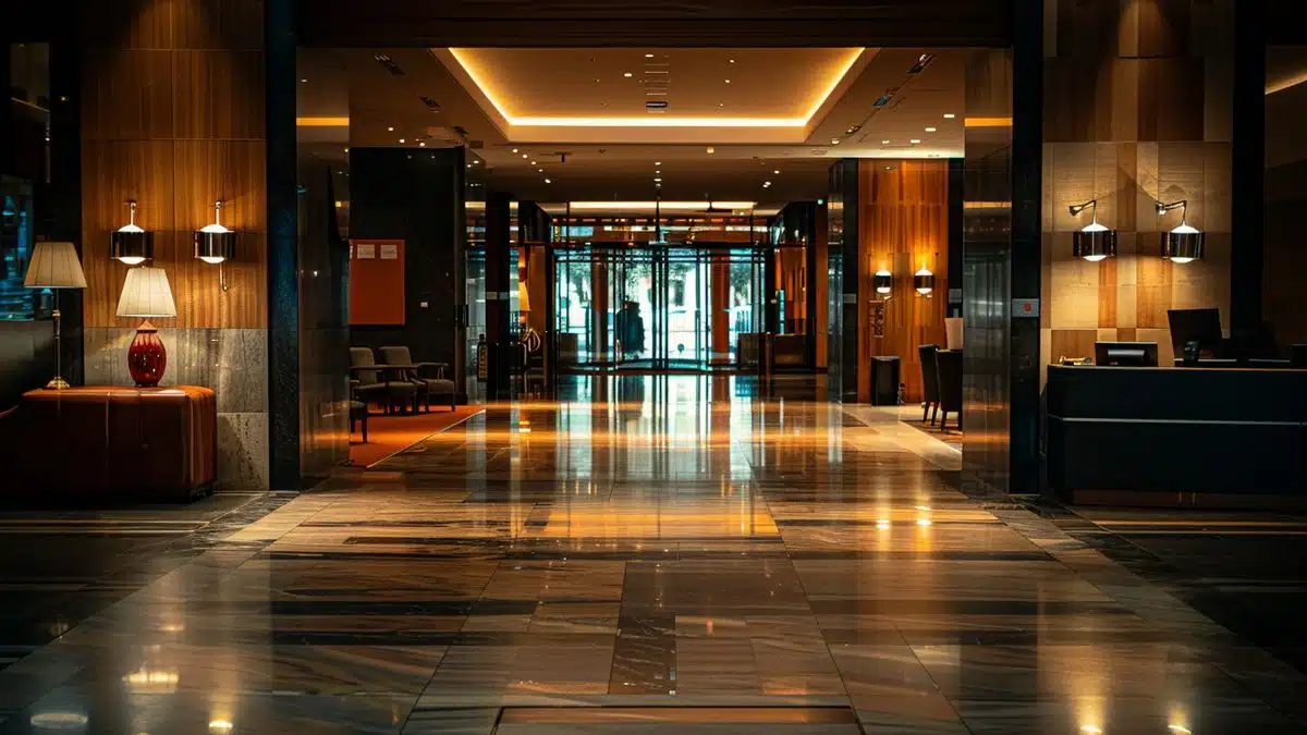 Empty hotel lobby in Lyon with dim lighting.