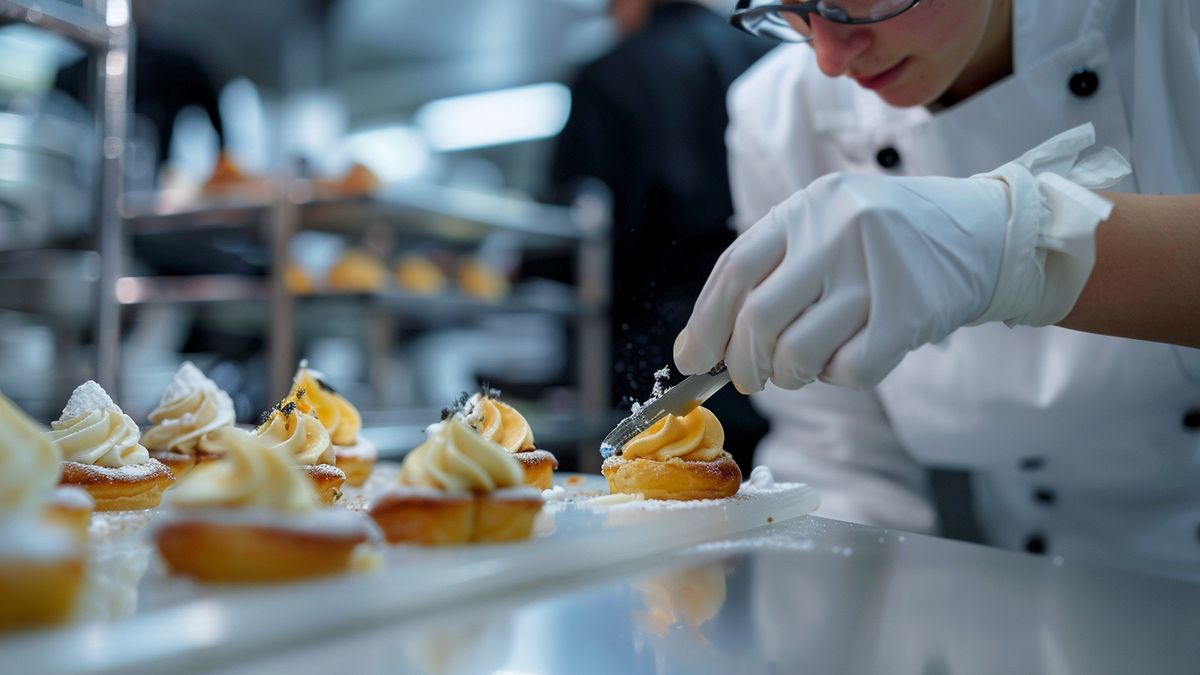 Closeup of a student skillfully decorating a pastry with precision at Vatel Academy in Lyon.