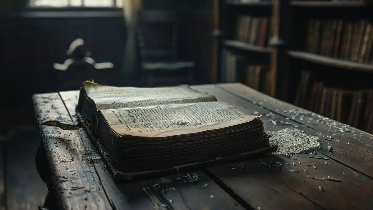 Open book on a table, untouched and eerie.