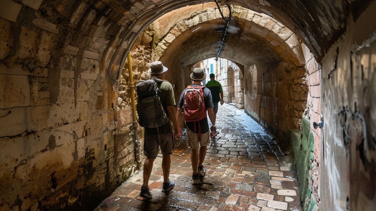 Tourists exploring a secret traboule hidden in Vieux Lyon.