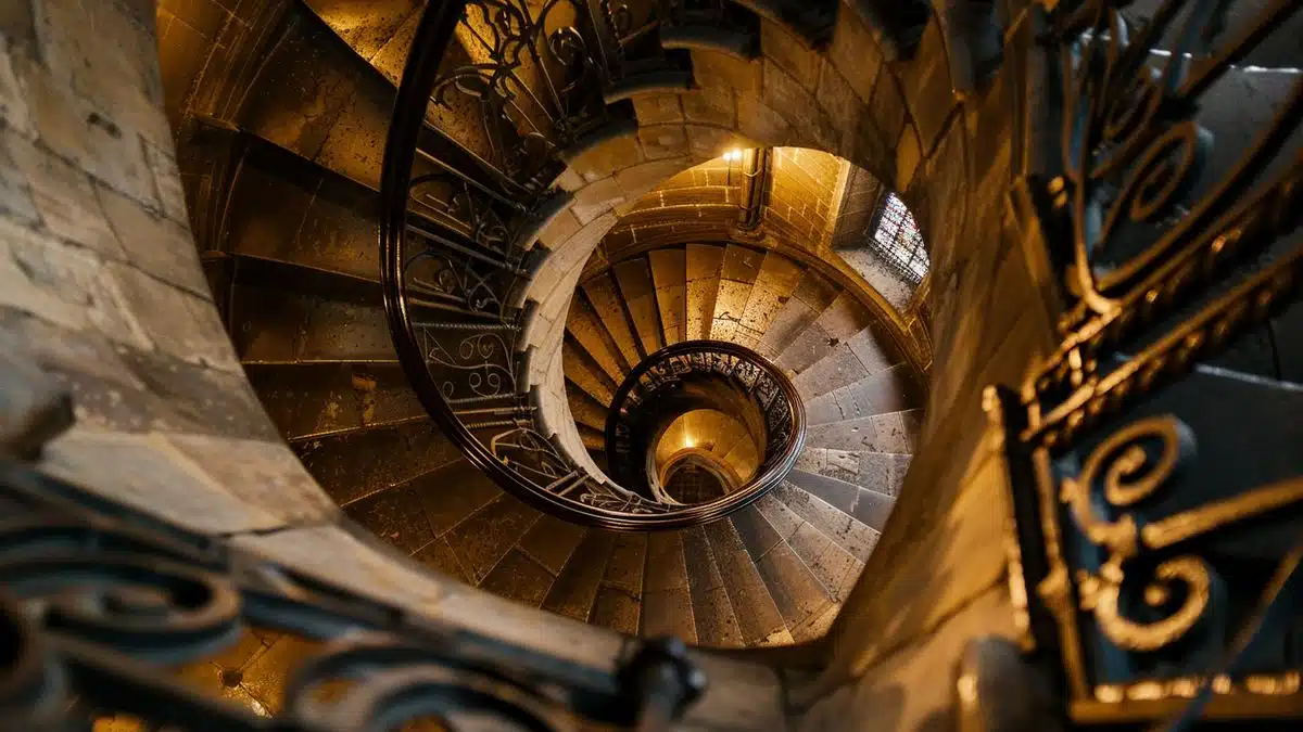 Spiral staircase inside NotreDame de Fourvière leading up to observation deck.