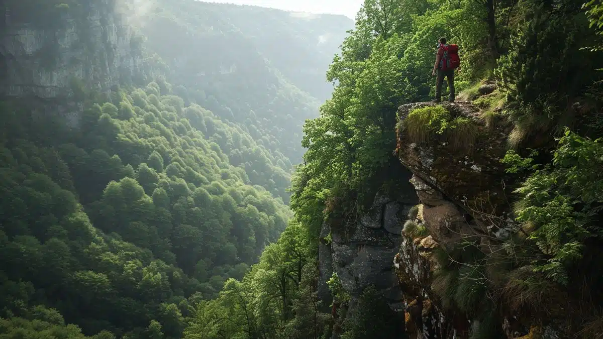 Hiker reaching a scenic viewpoint in Monts du Lyonnais, surrounded by lush greenery.