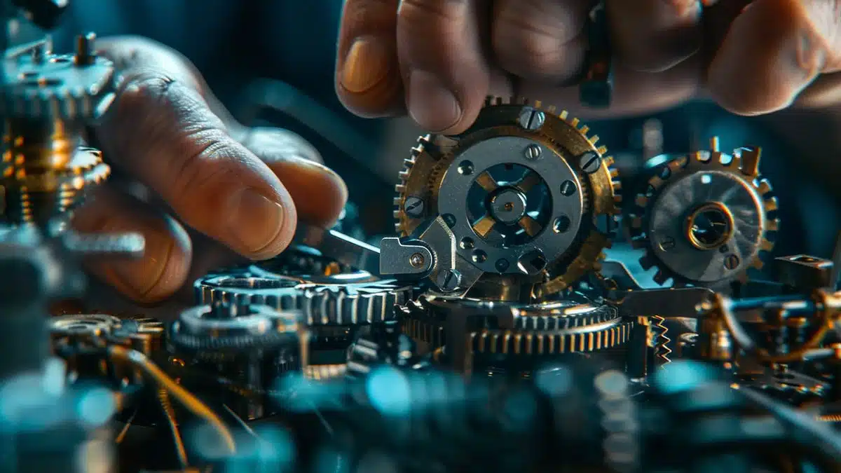 Closeup of hands working on a complex lock mechanism.