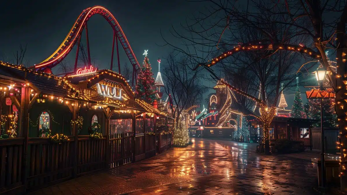 Nighttime view of Walibi RhôneAlpes lit up with dazzling lights and festive decorations.