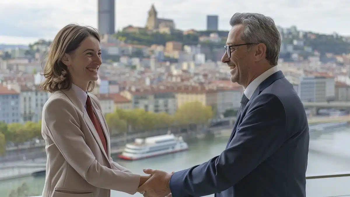 Business leaders shaking hands, smiling, with Lyon cityscape in the background.