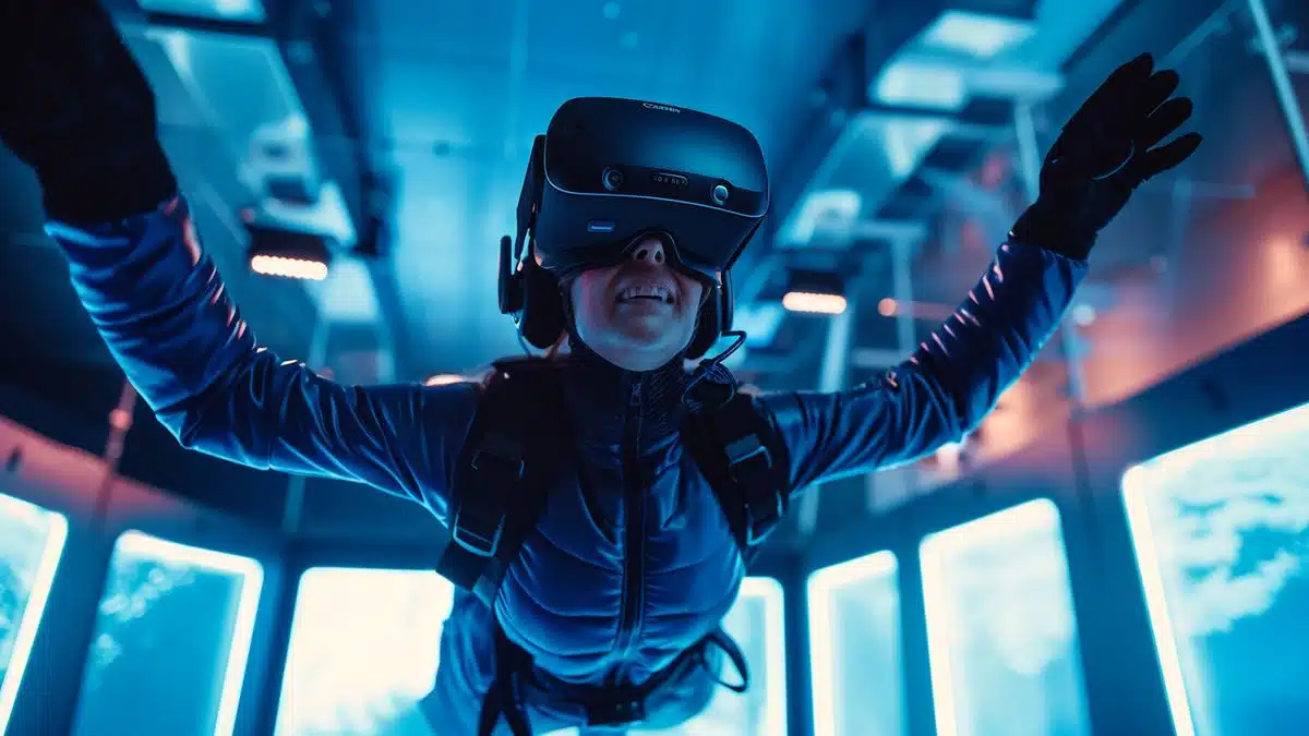 Virtual reality headset combined with wind tunnel flight at iFLY Lyon.